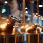 A row of polished copper pot stills in a modern, professional distillery facility, illustrating the primary equipment needed for starting a distillery in Australia.