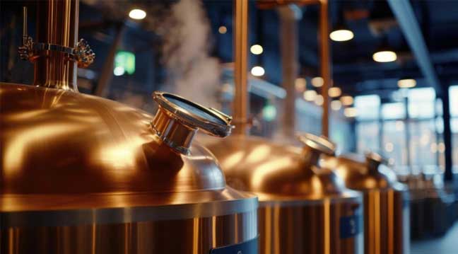 A row of polished copper pot stills in a modern, professional distillery facility, illustrating the primary equipment needed for starting a distillery in Australia.