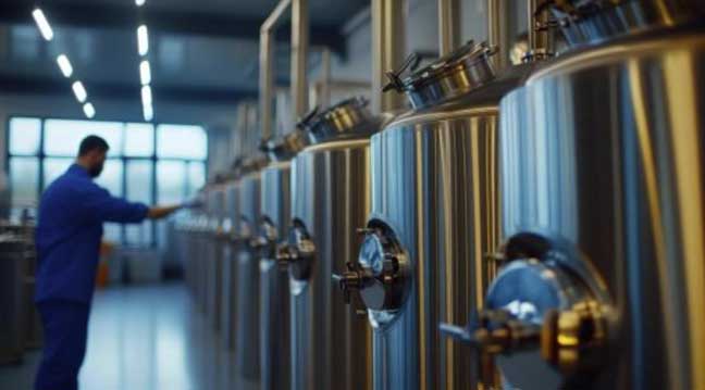 A worker in a blue uniform inspecting a row of large stainless steel fermentation and storage tanks in a commercial spirit manufacturing facility.
