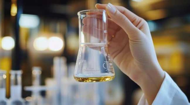A person in a white lab coat holding a laboratory flask filled with a clear spirit: quality control in professional spirit manufacturing.
