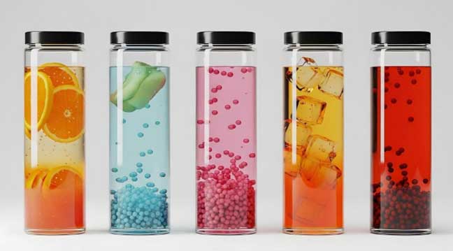 A creative assortment of fruit and berry-infused drinks in glass bottles: final result of a professional beverage formulation process.