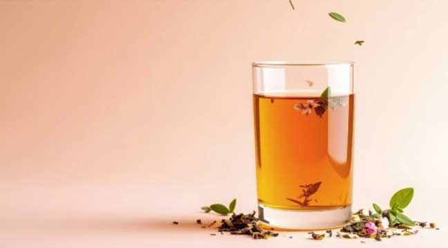 A glass of herbal tea with delicate flowers on a peach-colored background, representing the clean-label trend in health conscious drinks.

