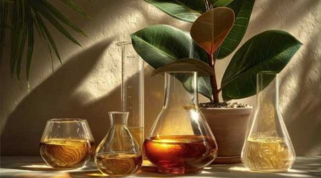 A professional still life featuring glass laboratory beakers filled with beverage formulations next to a botanical plant, illustrating the technical rtd development process. 