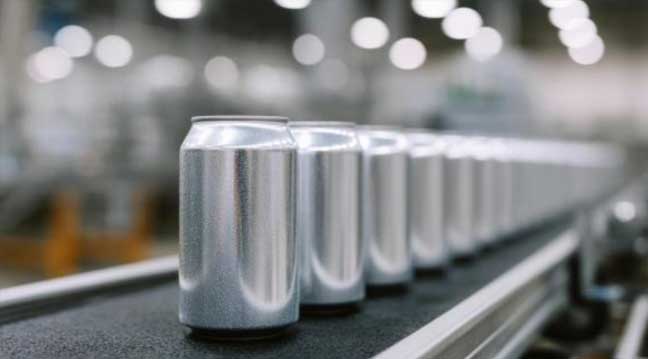 A long row of sleek aluminum cans moving along an automated conveyor belt in a modern rtd manufacturing and co-packing facility. 