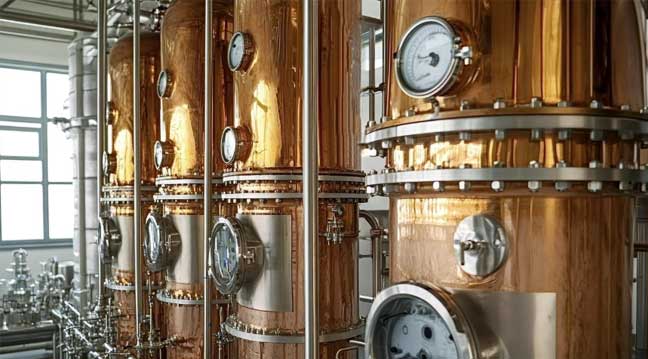 Gleaming copper distillation stills with pressure gauges in modern Australian distillery showing precision equipment for excise-compliant alcohol production.