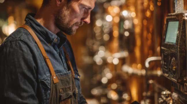 Distillery worker using digital tablet to manage movement permissions and track excisable goods in brewery production facility. 