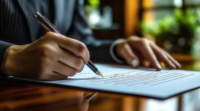 Business professional signing excise manufacturer licence renewal documentation with pen on formal legal document.