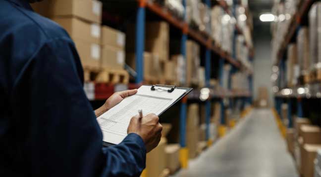Warehouse worker conducting stocktake inventory verification with clipboard checklist in bonded goods storage facility for excise compliance. 