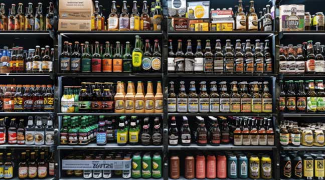  Extensive display of diverse craft beer and beverage bottles on retail shelves representing product portfolio growth and market expansion for beverage producers. 