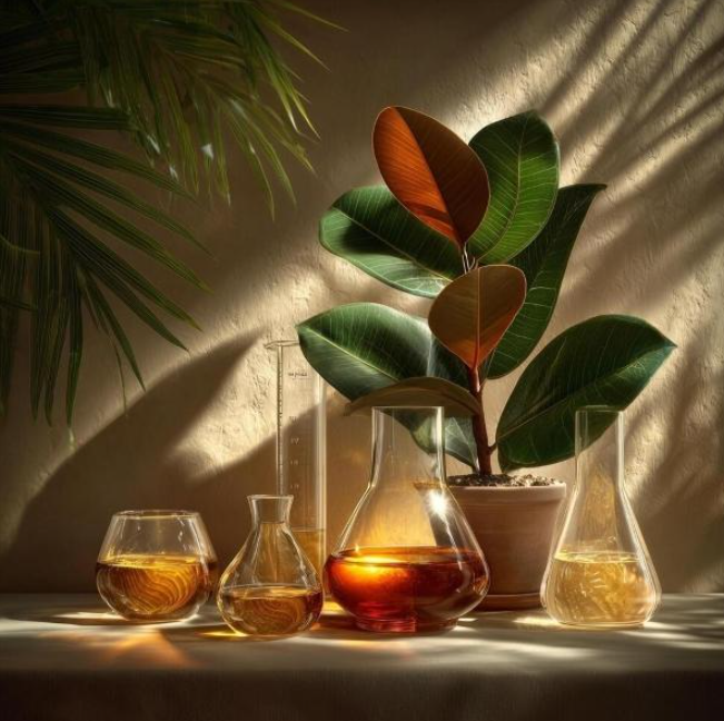 A professional still life featuring glass laboratory beakers filled with beverage formulations next to a botanical plant, illustrating the technical rtd development process.