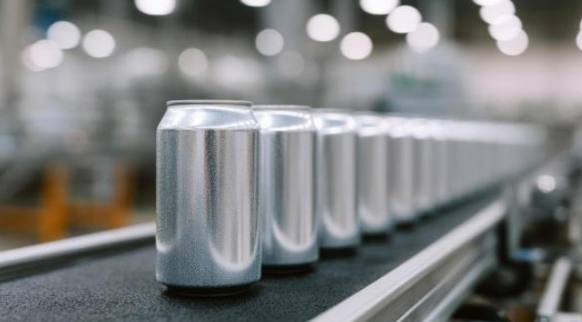 A long row of sleek aluminum cans moving along an automated conveyor belt in a modern rtd manufacturing and co-packing facility.