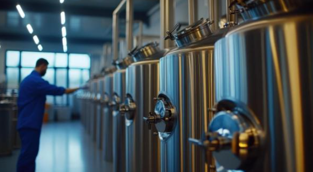 A worker in a blue uniform inspecting a row of large stainless steel fermentation and storage tanks in a commercial spirit manufacturing facility.