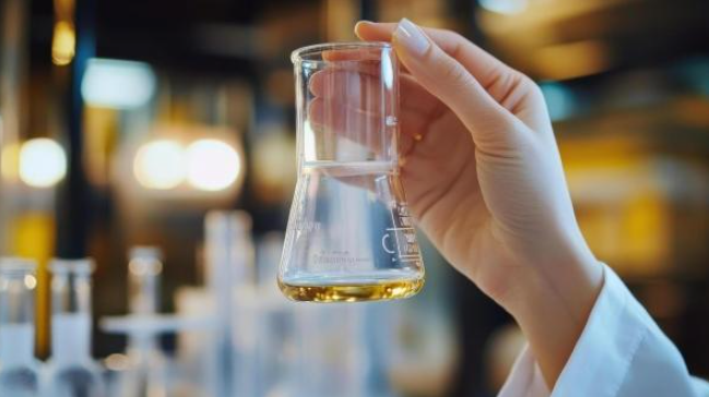 A person in a white lab coat holding a laboratory flask filled with a clear spirit: quality control in professional spirit manufacturing.