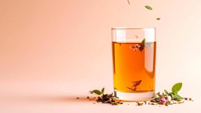 A glass of herbal tea with delicate flowers on a peach-colored background, representing the clean-label trend in health conscious drinks.